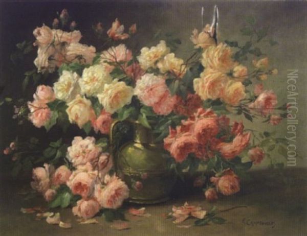 Pichet De Cuivre Et Jete De Roses Oil Painting by Edmond Van Coppenolle