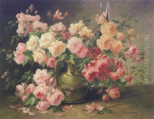 Pichet De Cuivre Et Jete De Roses Oil Painting by Edmond Van Coppenolle