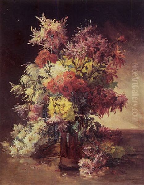 Bouquet De Fleurs Sur Un Entablement Oil Painting by Edmond Van Coppenolle