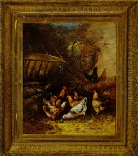 Poultry In A Henhouse Oil Painting by Edmond Van Coppenolle