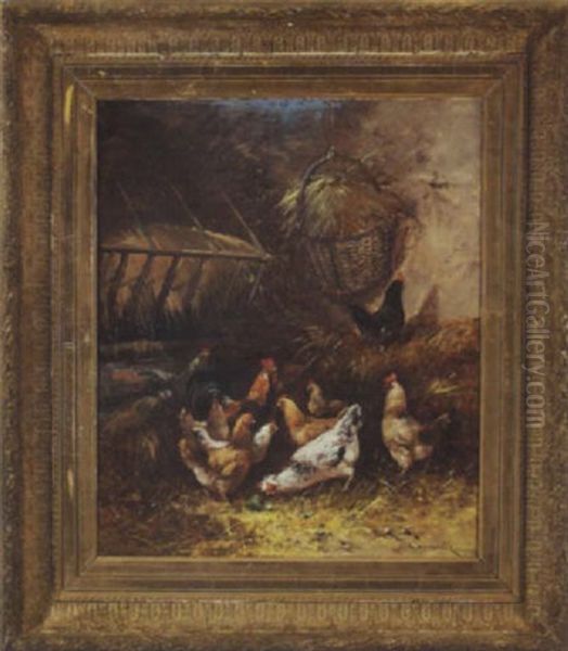 Poultry In A Henhouse Oil Painting by Edmond Van Coppenolle