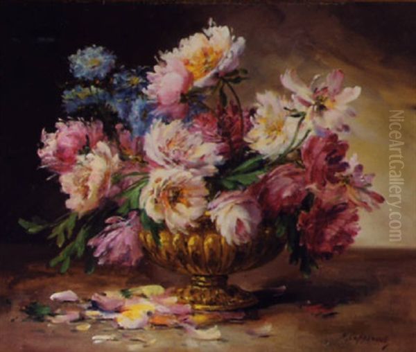 Still Life With Roses And Fluted Brass Vase Oil Painting by Edmond Van Coppenolle