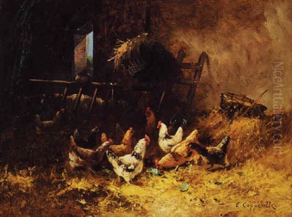 Chickens In The Hay Oil Painting by Edmond Van Coppenolle