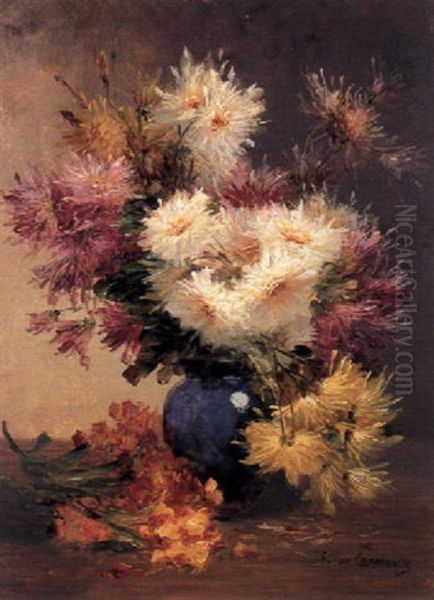 Still Life Of Chrysanthemums Oil Painting by Edmond Van Coppenolle