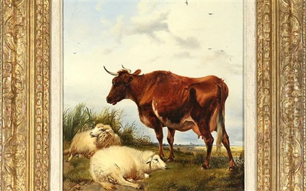 Sheep And Cow In Pasture Oil Painting by Thomas Sidney Copper