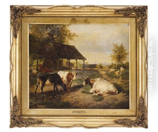 Vacas Bebiendo De Un Arroyo Oil Painting by Thomas Sidney Copper