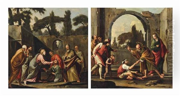 Christ Healing The Blind Bartimeo; And Saints Peter And John Healing A Cripple At The Gate Of The Temple Oil Painting by Carlo Coppola