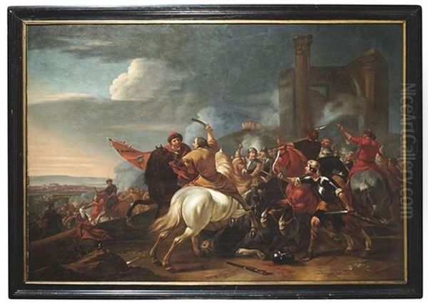 Reitergefecht Vor Ruinen Eines Klassischen Gebaudes Oil Painting by Carlo Coppola