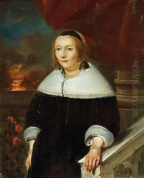 Portrait Of A Lady Near A Balustrade Oil Painting by Gonzales Coques