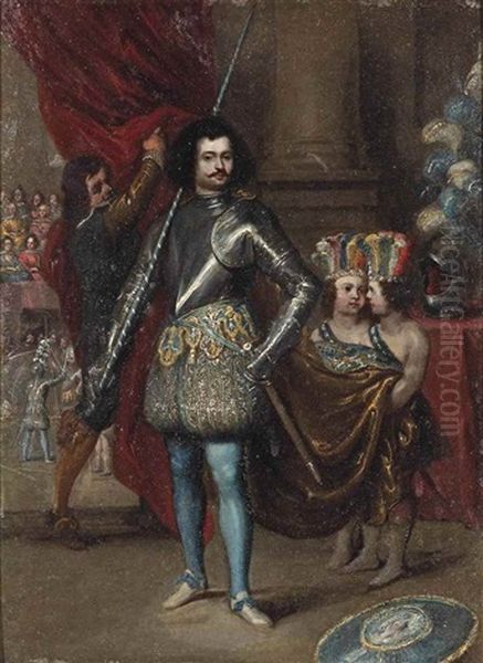 Portrait Of A Gentleman, Full-length, In Ceremonial Armour With Two Young Assistants, A Knightly Tournament Beyond by Gonzales Coques