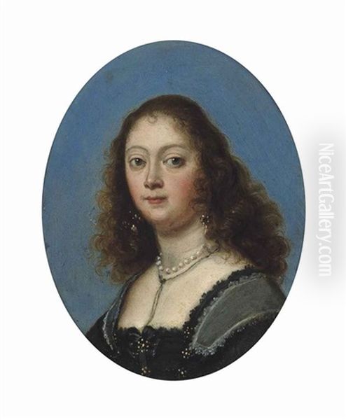 Portrait Of A Lady, Bust-length, In A Black Dress And Pearl Necklace Oil Painting by Gonzales Coques