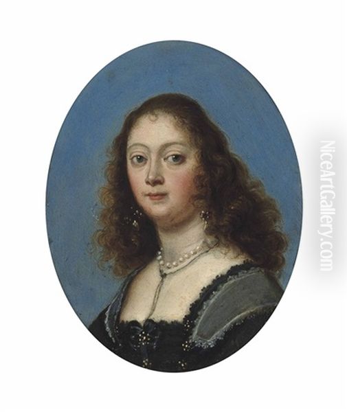 Portrait Of A Lady, Bust-length, In A Black Dress And Pearl Necklace Oil Painting by Gonzales Coques