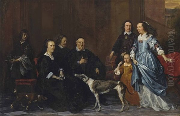 A Group Portrait Of A Family With Their Hounds And An Attendant In An Interior by Gonzales Coques