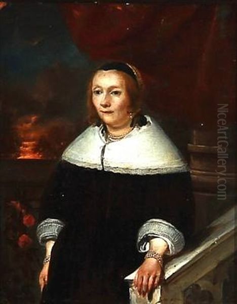 An Elegant Woman In A Black Dress With A White Collar Standing Near A Balustrade Oil Painting by Gonzales Coques