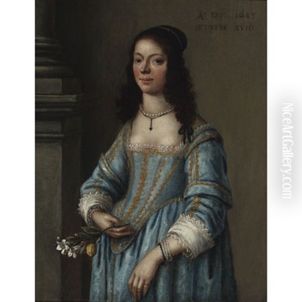 Young Lady In Blue Dress Oil Painting by Gonzales Coques