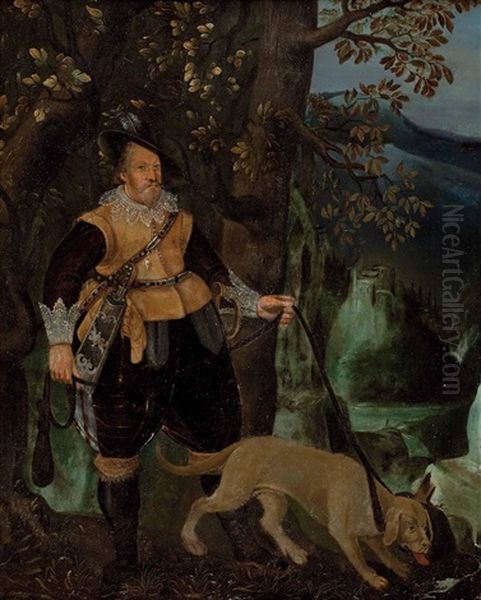 Schlosherr Mit Jagdhund Vor Landschaft Oil Painting by Gonzales Coques