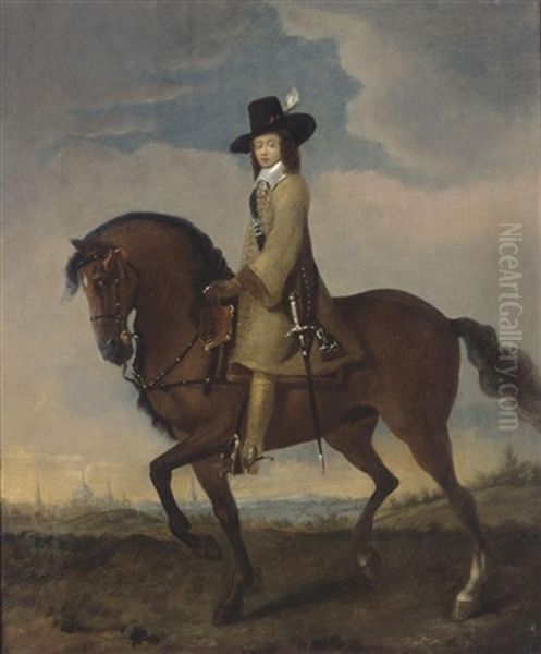 Equestrian Portrait Of A Gentleman In A Landscape, A City Beyond Oil Painting by Gonzales Coques