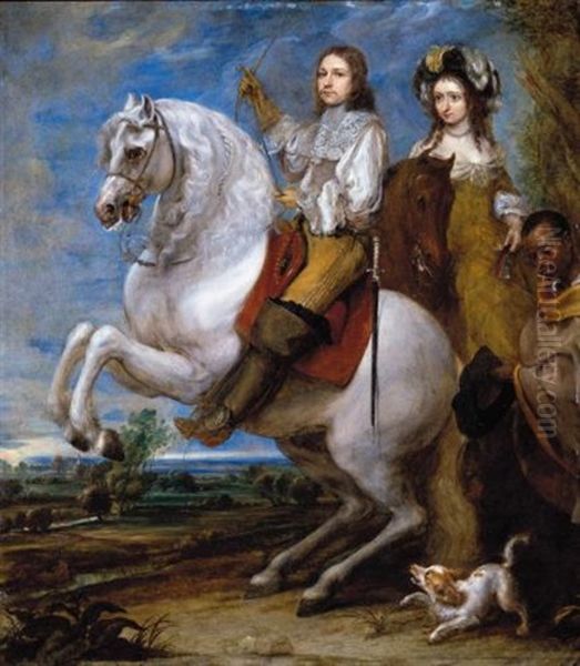 An Equestrian Portrait Of An Elegant Couple With Their Blackamoor Servant Oil Painting by Gonzales Coques