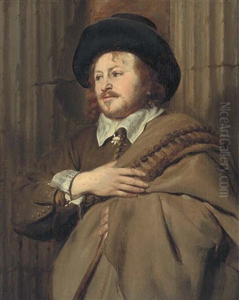 Portrait Of A Gentleman, Half-length, In A Brown Costume And Cape And A Black Hat, Standing By A Classical Column Oil Painting by Gonzales Coques