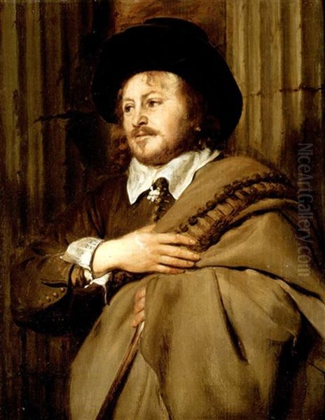 Portrait Of A Gentleman, Half-length, In A Brown Costume And Cape And A Black Hat, Standing By A Classical Column Oil Painting by Gonzales Coques