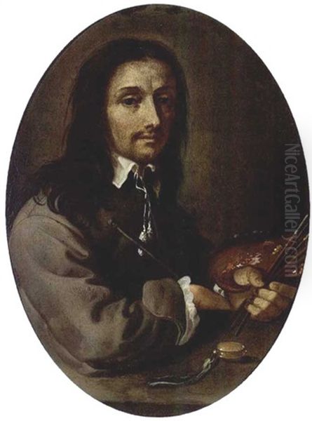 A Portrait Of A Painter, Seated Near A Stone Table, Holding Brushes And A Palette, With A Watch In Front Oil Painting by Gonzales Coques