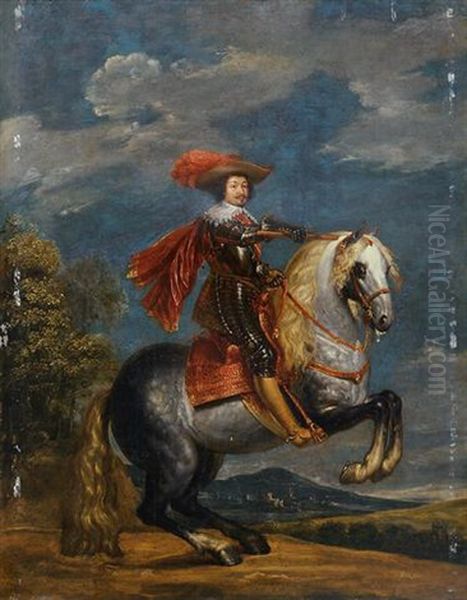 An Equestrian Portrait Of A Prince In Armour, With The Order Of The Golden Fleece, In A Landscape Oil Painting by Gonzales Coques