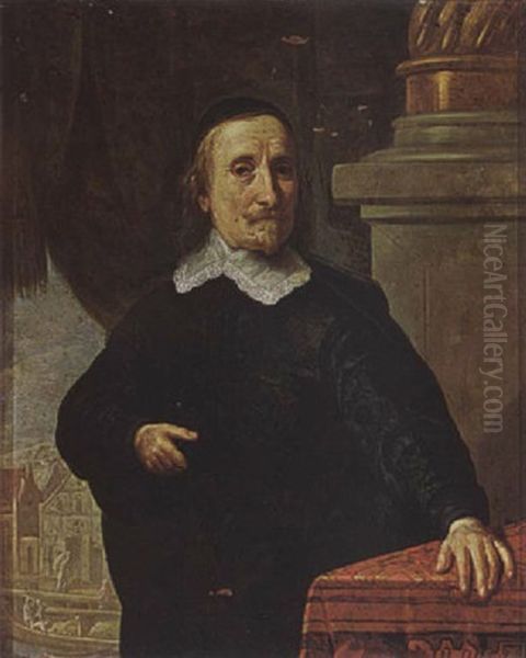 A Portrait Of A Gentleman, Wearing A Black Coat With A White Lace Collar, Leaning With His Hand On A Table Oil Painting by Gonzales Coques