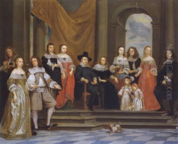 Bildnis Einer Antwerpener Familie Um 1650 Mit Dem Selbstportrat Des Kunstlers Oil Painting by Gonzales Coques