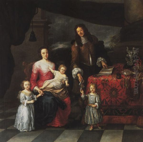 A Group Portrait Of A Family, In An Interior, Coral And Seashells On A Carpeted Table Nearby Oil Painting by Gonzales Coques