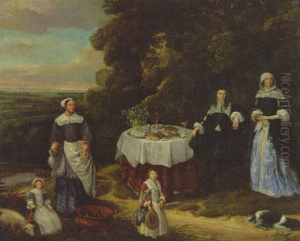 A Family With A Maid In Attendance By A Dining Table In A Landscape Oil Painting by Gonzales Coques