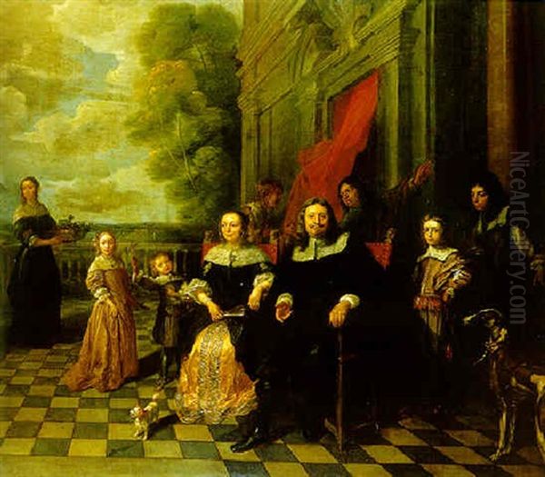 Group Portrait Of A Family On A Terrace Oil Painting by Gonzales Coques