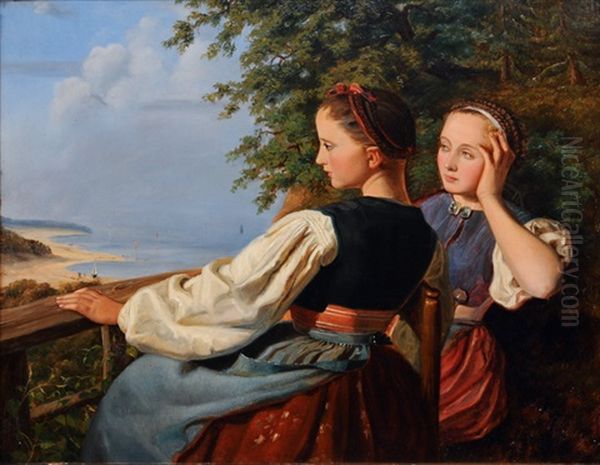 Two Girls By The Baltic Sea Oil Painting by Johann Casper Coqui