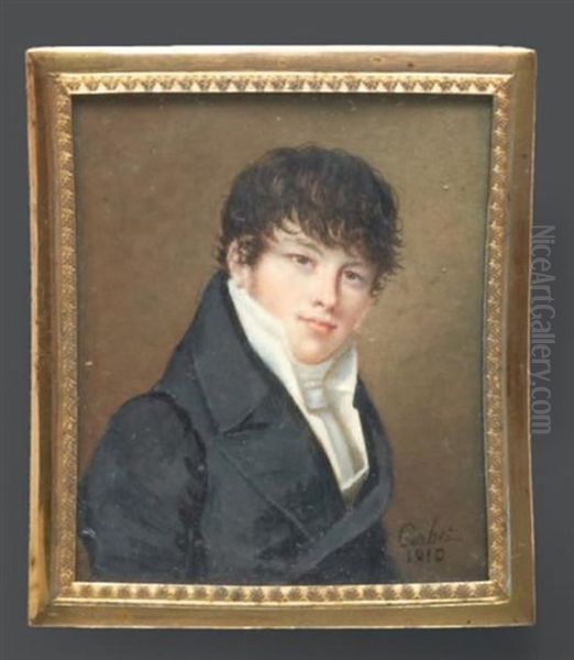 Portrait De Jeune Homme En Buste Vers La Droite, Vetu D'une Redingote Grise, Chemise Et Foulard Blanc Et Coiffe De Meches Oil Painting by Edouard Joseph Corbet