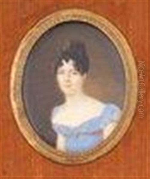 Portrait De Jeune Femme En Robe De Soie Bleu Lavande A Haute Taille Et Coiffee D'un Chignon Retombant A Boucles Et Attache D'un Ruban Noir Oil Painting by Edouard Joseph Corbet