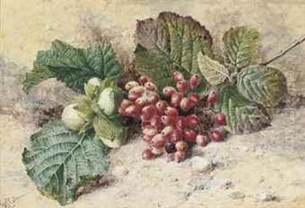 Still Life Of Acorns And Redcurrants Oil Painting by Helen Cordelia Coleman Angell