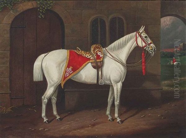 A Grey Charger With A Scarlet And Leopardskin Regimental Shabraque Embroidered Vr Oil Painting by Edward Corbet