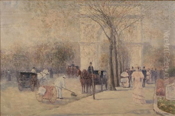 Figures And Horse-drawn Carriages In Washington Square Park by Gail Sherman Corbett