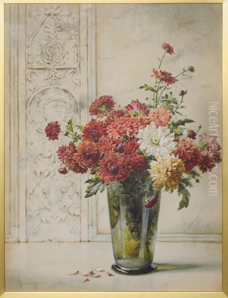 Still Life Of Dahlias And Other Flowers In A Glass Vase Oil Painting by Helen Cordelia Coleman Angell