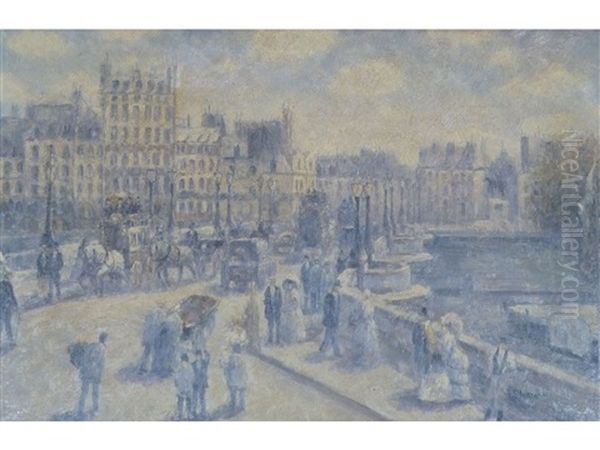 Continental Street With Figures And Carriages On A Bridge And Buildings In The Distance, Paris by Gail Sherman Corbett