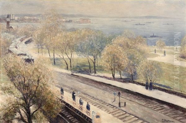 Train Stop Near The Coast Oil Painting by Gail Sherman Corbett