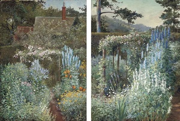 The Garden At Pwllypant (+ Another; 2 Works) Oil Painting by Julian S. Corbett