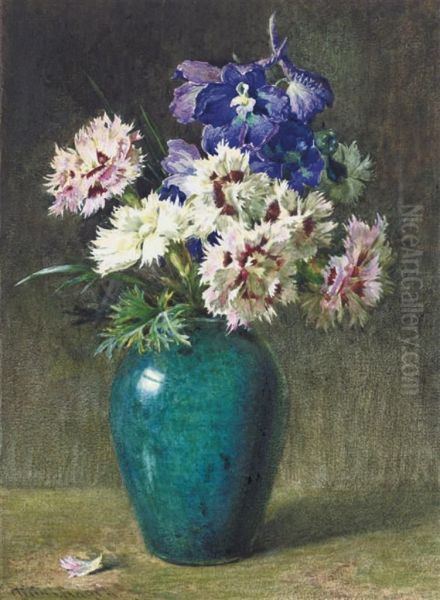 Pinks And Larkspur Oil Painting by Helen Cordelia Coleman Angell