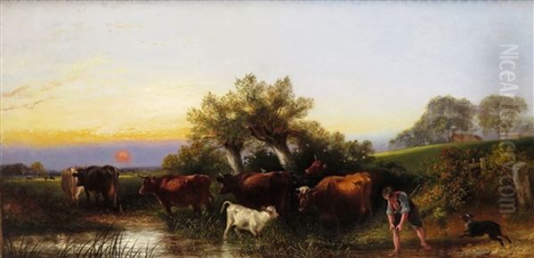 Cattle In A Pasture At Dusk Oil Painting by Aster R. C. Corbould