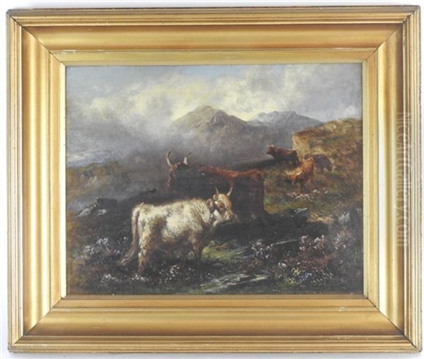 Highland Cattle In A Mountainous Landscape Oil Painting by Aster R. C. Corbould