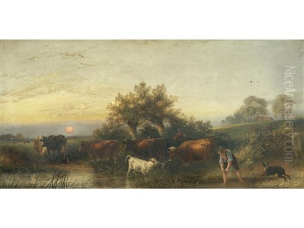 Cattle In A Pasture At Dusk Oil Painting by Aster R. C. Corbould