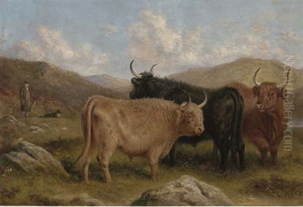 Highland Cattle, A Herdsman And His Dog Beyond Oil Painting by Aster R. C. Corbould