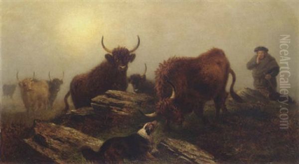 Cattle, Highlander And Dogs In A Landscape Oil Painting by Aster R. C. Corbould