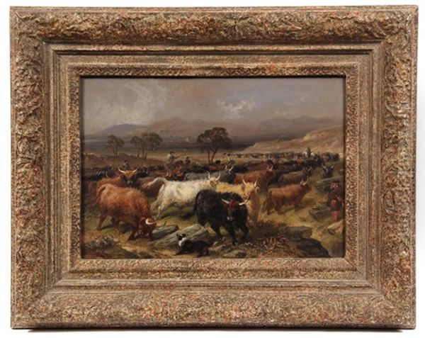 Collecting Cattle For The Fair In The Highlands Oil Painting by Aster R. Chantrey Corbould