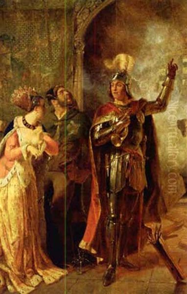 A Scene From Shakespeare's Henry Vi, Act 2, Scene Ii Depicting The Countess Of Auvergne, Her Porter And John Talbot Oil Painting by Edward Henry Corbould