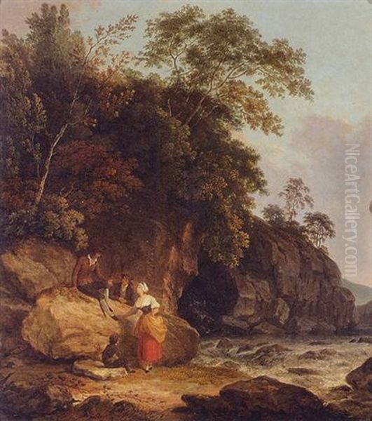 A View In Suffolk With Figures In The Foreground By A Stream Oil Painting by Richard Corbould